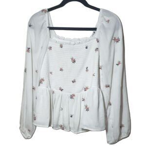 Torrid Floral Smocked Square Neck Long Sleeve Blouse Plus Size 0 White Women's